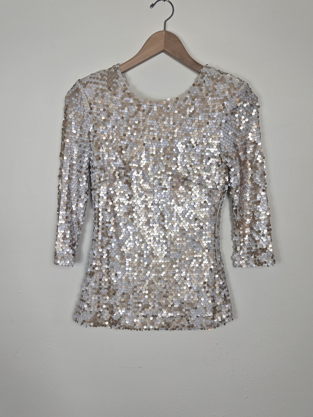 French Connection Champagne Sequin Scoop Neck Long Sleeve Top